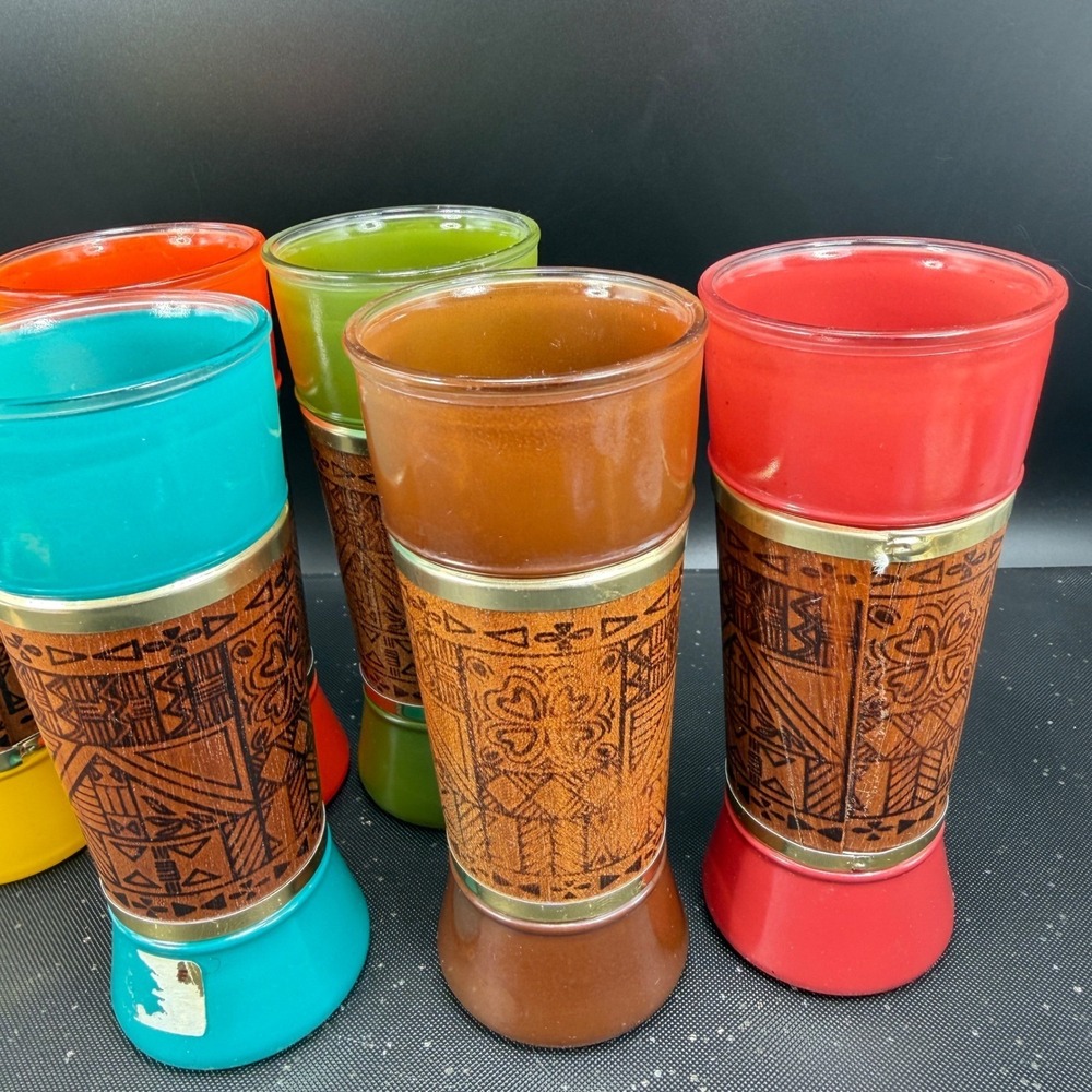 Vintage MCM Tiki Highball Glasses Genuine Mahogany Wood Wrap Set 6 Multi Color - Picture 13 of 15